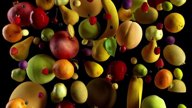 fruits fall on black animation looped