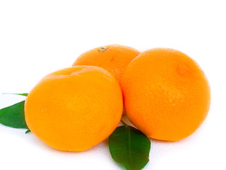 Tangerines with leaves and slices on white background