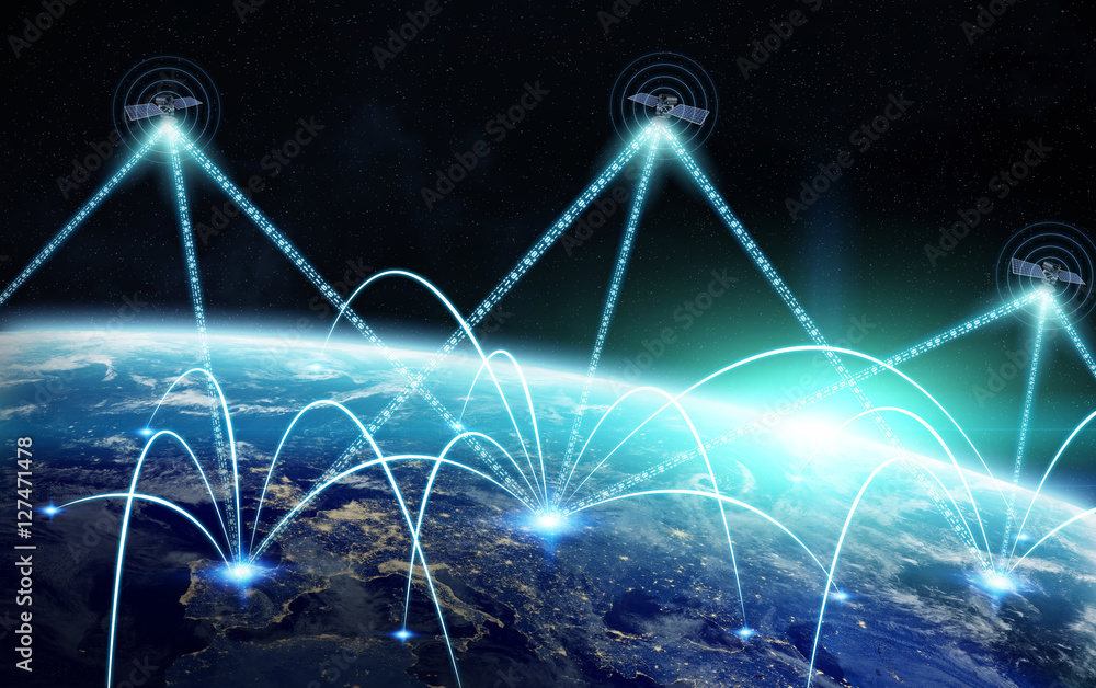 Leinwandbilder Global network and satellite data exchange 3D rendering elements