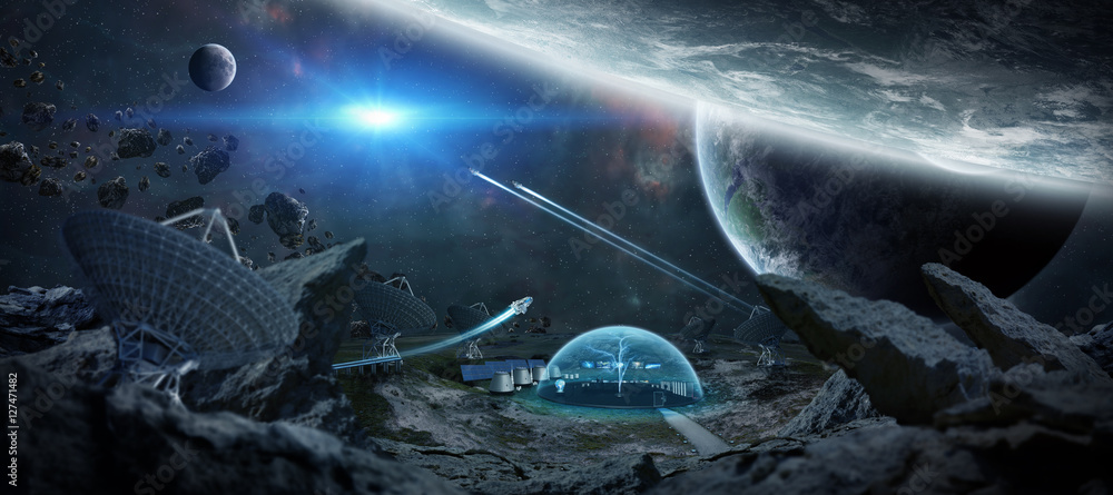 Poster observatory station in space 3d rendering elements of this image