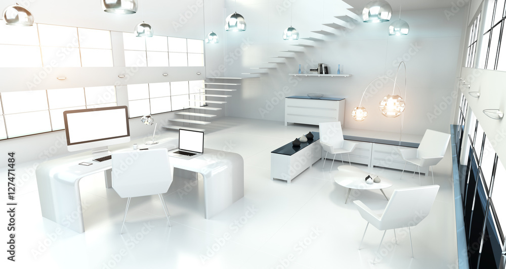 Aufkleber modern white office interior with computer and devices 3d render