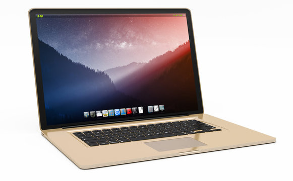 Modern gold laptop on white background 3D rendering