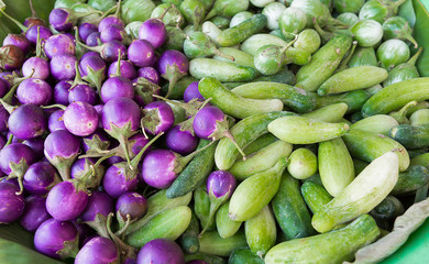 Purple Eggplant and Cucumbers at Street Market,Thailand
