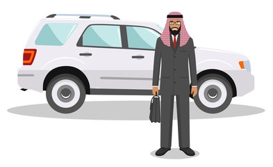 Arab businessman standing near the car on white background in flat style. Business concept. Detailed illustration of automobile and saudi arabic man. Flat design people character. Vector illustration.