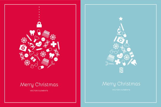 Two Christmas cards on a red and light blue background. White medical icons. Vector elements for New Year