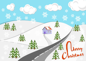 Christmas Greeting Card. Winter landscape background. Road, snowdrifts, hills and clouds in the sky. Flat design nature illustration.