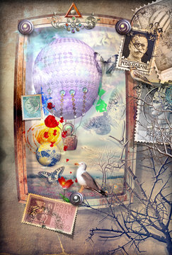 Magical window with hot air balloon and vintage stamps