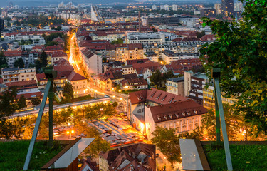 Night aerial view of Ljubljana, Slovenia.