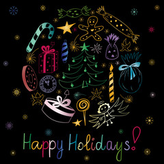 Happy Holidays! Hand Drawn Colorful Doodle Holiday Set with Candies,  Gifts, Candle, Fir Trees, Angel, Stars and Snowflakes. Perfect for festive design. Vector illustration.