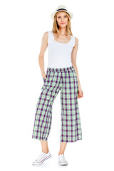 Fashion photo of young magnificent woman wearing fashionable summer clothes