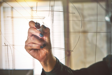 Hand of businesswoman writing on glass board in office