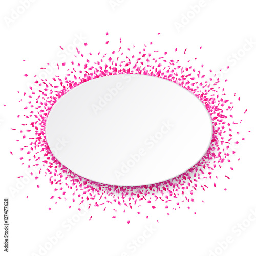  White oval paper banner on bright and shiny pink confetti 