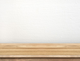 Empty wood table top with white concrete wall,Mock up for displa