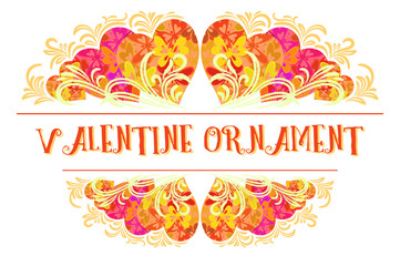 Holiday Background, Decorative Frame of Valentine Hearts with Abstract Floral Pattern and Butterflies Silhouettes. Vector