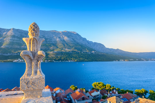Viewpoint Korcula town landscape. / Amazing viewpoint at Korcula downtown and Peljeski Channel in Croatia, Europe popular touristic destination.