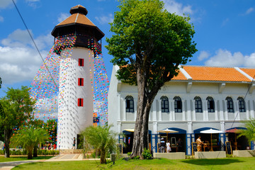 Thai house and Thai fortification with blue sky in thailand ancient simulation park kanchanaburi....