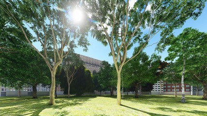 Green city park in sunny and beautiful summer day 3d rendering