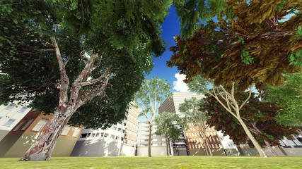 Green city park in sunny and beautiful summer day 3d rendering