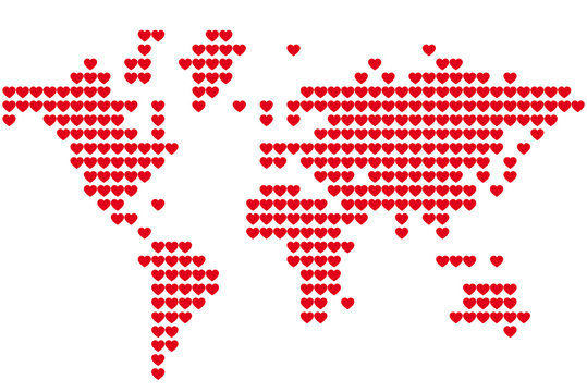 Карта мира выполненная красными сердечками. Любовь к своей планете. Векторная иллюстрация.