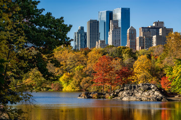 Fall in Central Park at The Lake with Upper West Side skyscrapers. Cityscape sunrise view with colorful Autumn foliage. Manhattan, New York City