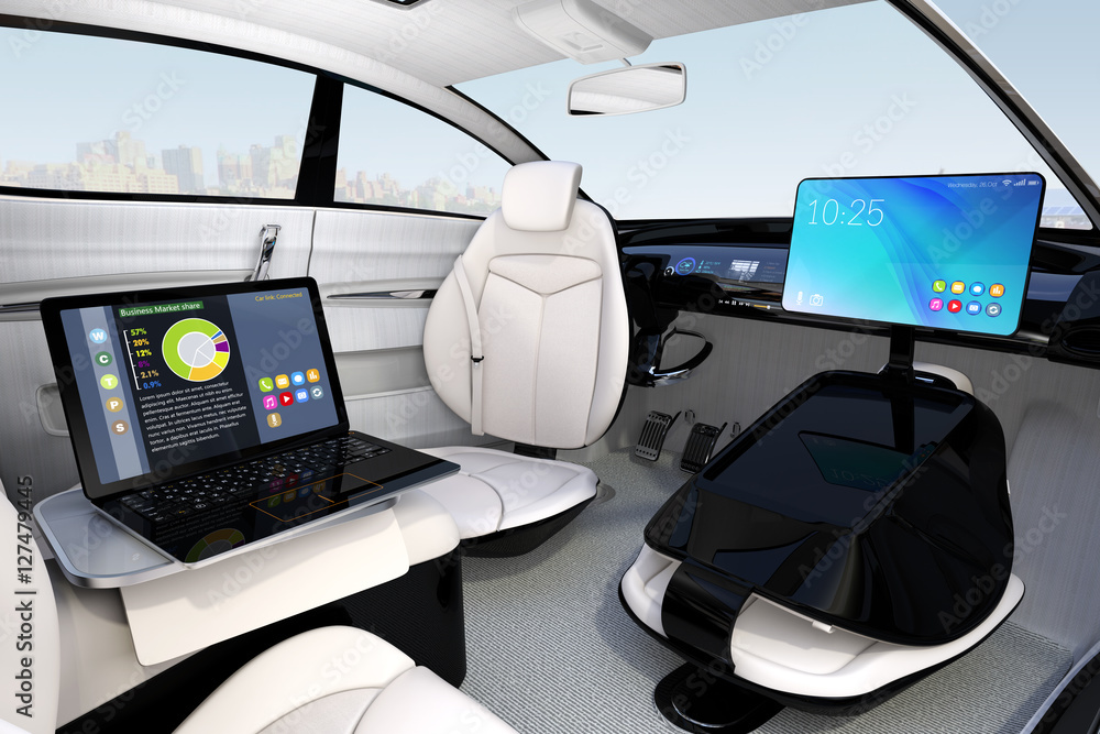 Aufkleber business meeting concept in autonomous car. the monitor could folding into front seat. 3d rendering 