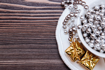 Cup of tea with christmas gifts.Top view, copy space.