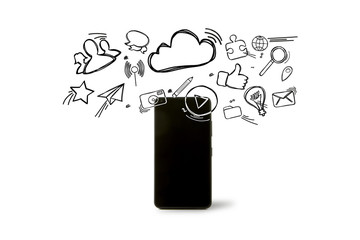 Multimedia icons going out a smartphone