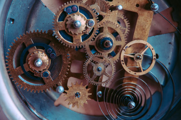 Close view of old clock mechanism with gears and cogs. Conceptual photo for your successful...