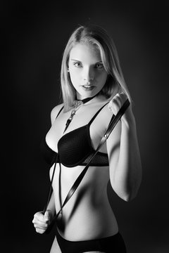 black and white image of woman in underwear