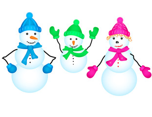 vector illustration family white round caps snowmen with carrots mittens blue pink green on white background