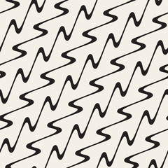 Hand Drawn Wavy Diagonal Lines. Vector Seamless Black and White Pattern.