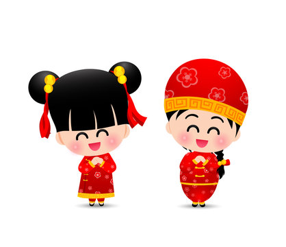 Chinese boy and chinese girl cartoon have smile and happy for ha