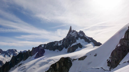 the famous Aiguille du Midi as seen from the Aiguille du Plan in the French Alps near Chamonix