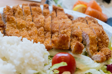 Tonkatsu, Fried Pork with rice and vegetable serve on plate in r