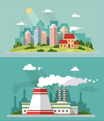 Obraz premium Set of flat design. Urban landscape illustrations including down