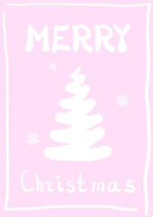 Postcard Merry Christmas with Christmas tree and snowflakes in pink