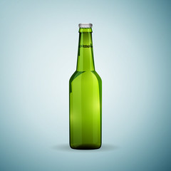 Glass beer green bottle icon isolated on blue background. Vector Illustration