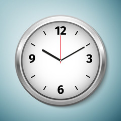 Realistic classic silver and white round wall clock icon isolated on blue background. Vector Illustration