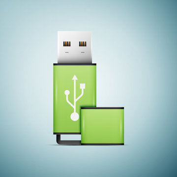 Green USB flash drive icon isolated on blue background. Vector Illustration
