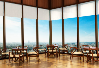 Local interior café in a big city. Round tables with wooden cha