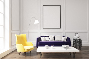 Living room interior with purple sofa