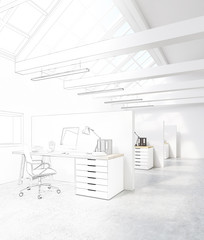 White office with cubicles in the attic