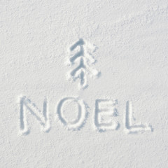 Noel letters, twig tree mark handdrawn on flat snow surface. Nice christmas holiday square postcard, greeting card.