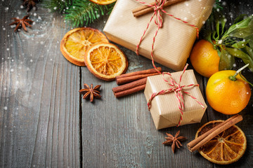Christmas decoration with gift box and mandarines