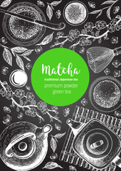 Vector illustration frame for Tea Shop. Japanese traditions of tea ceremony. Matcha tea. Vintage elements for design. Vector Illustration.