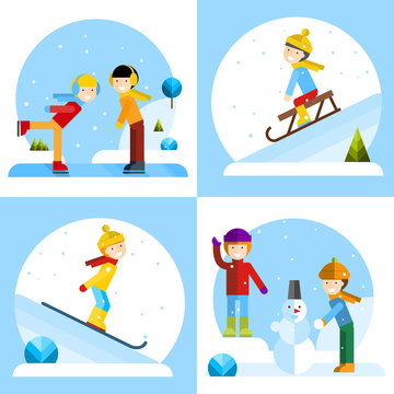 Kids playing winter games. Vector flat illustration.