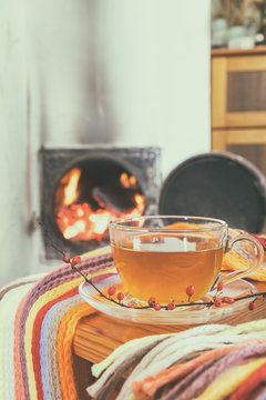 Cup of hot tea wrapped in a cozy winter checkered scarf and books on the table in the room with  flames of fire in a fireplace. Cozy home concept. Coloring and processing photo.