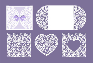Vector heart paper cutting. White heart made of paper. Laser cut vector. Wedding invitation or greeting card with flowers. Invitation envelope template. Use for laser cutting. Valentine Day - obrazy, fototapety, plakaty