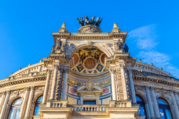 Top detail of Semperoper which is the opera house of the Sachsische Staatsoper Dresden (Saxon State Opera) and the concert hall of the Sachsische Staatskapelle Dresden. Saxony, Germany.