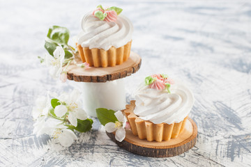 cream cakes on a table, selective focus